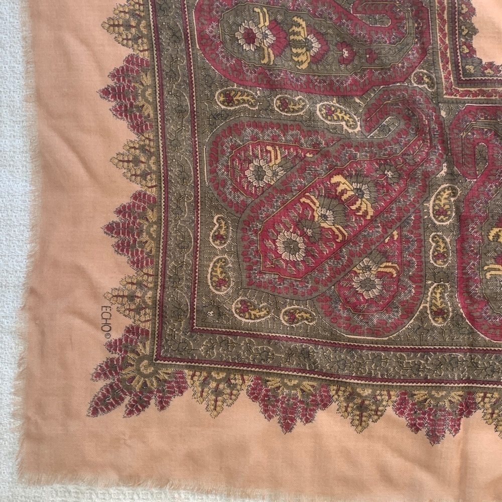Echo large square wool scarf peach, burgundy, green